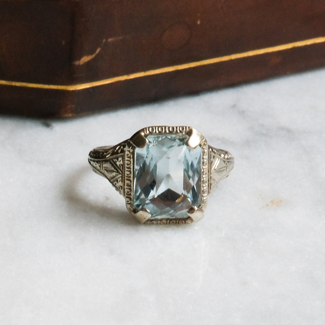 Art Deco 18K White Gold Aquamarine Ring by Belais