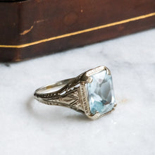 Load image into Gallery viewer, Art Deco 18K White Gold Aquamarine Ring by Belais
