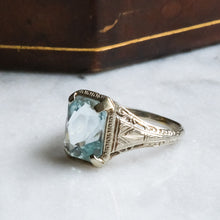 Load image into Gallery viewer, Art Deco 18K White Gold Aquamarine Ring by Belais
