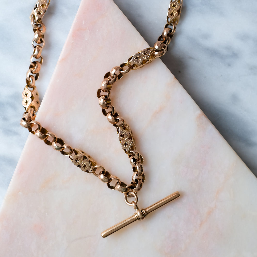 Antique 9K Rose Gold Celestial Star Pierced Albert Chain with T-Bar