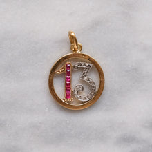 Load image into Gallery viewer, Art Deco 18K Yellow Gold and Platinum French Ruby and Diamond Lucky 13 Pendant
