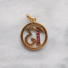 Load image into Gallery viewer, Art Deco 18K Yellow Gold and Platinum French Ruby and Diamond Lucky 13 Pendant
