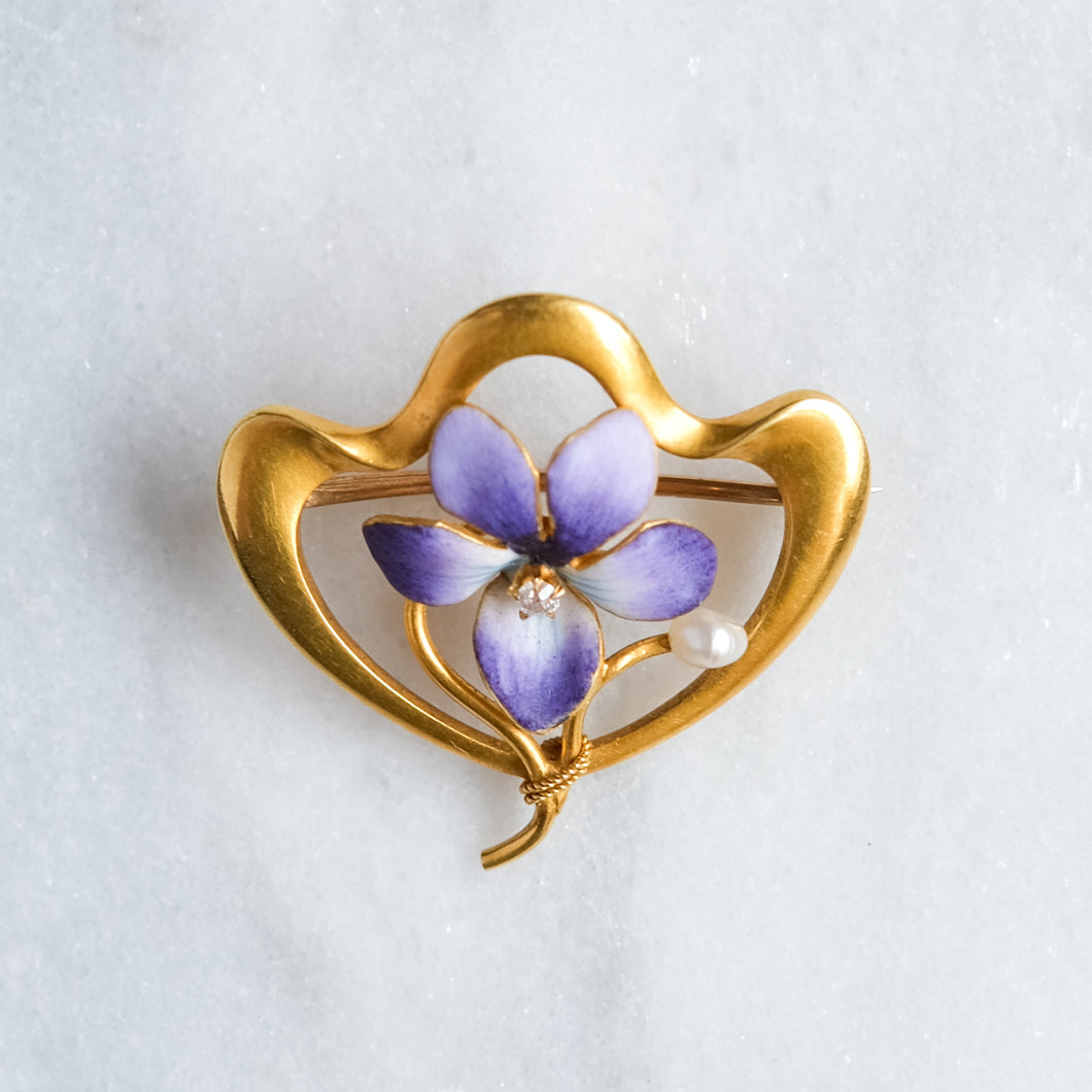 Art Nouveau 14K Yellow Gold Enamel Pearl and Diamond Floral Violet Brooch by Krementz