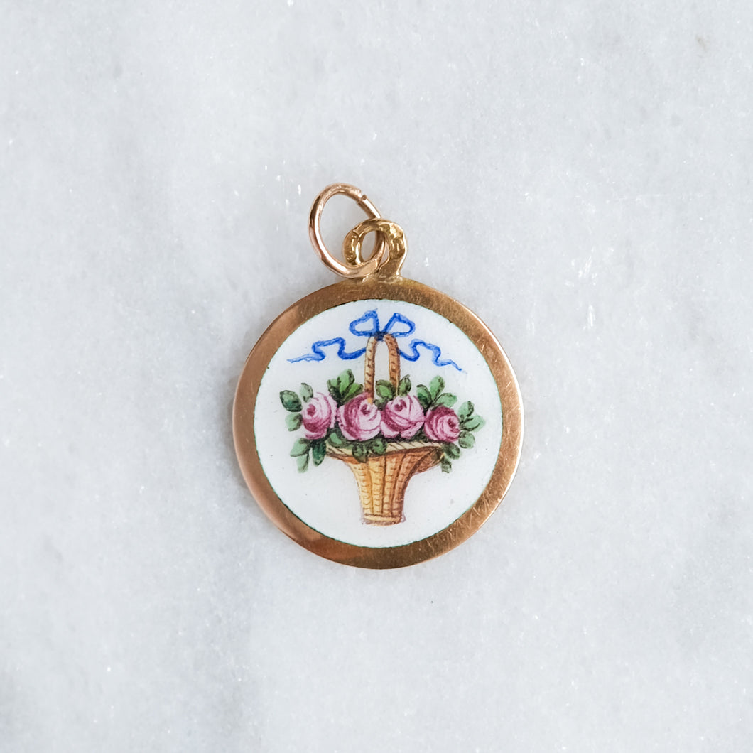 Antique 14K Rose Gold Enamel Basket of Roses Pendant