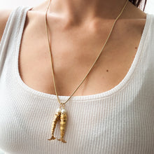 Load image into Gallery viewer, Retro Articulated Fish Pendant with Ruby Eyes and Pearl in Mouth - A
