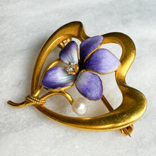 Load image into Gallery viewer, Art Nouveau 14K Yellow Gold Enamel Pearl and Diamond Floral Violet Brooch by Krementz
