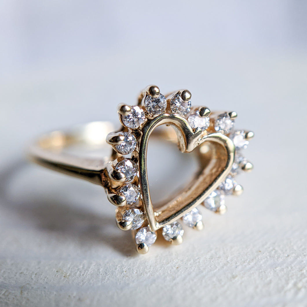 14K Yellow Gold Open-Work Heart Diamond Halo Ring in Size US 6 / UK L