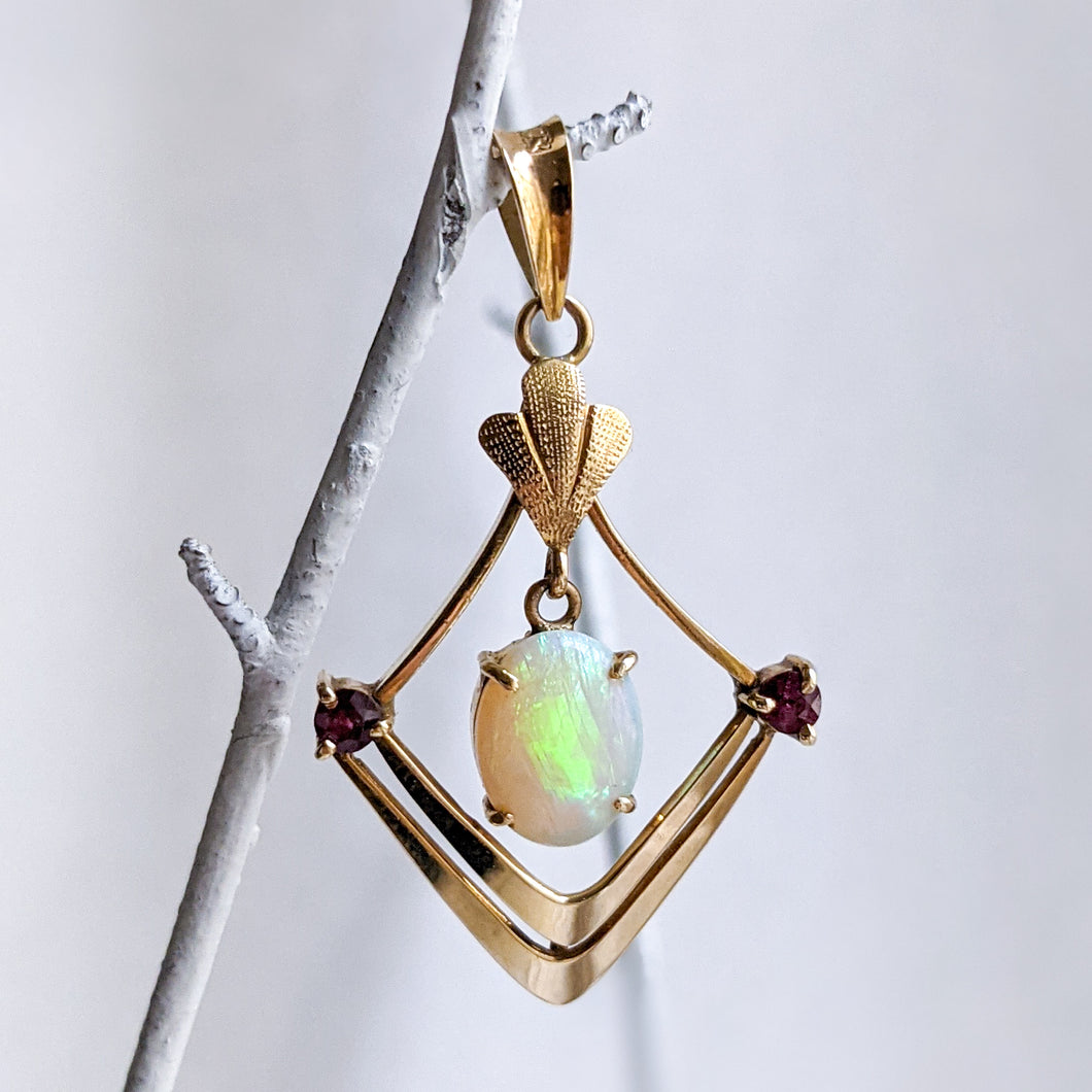 Art Nouveau 14K Yellow Gold Opal and Rubies Pendant