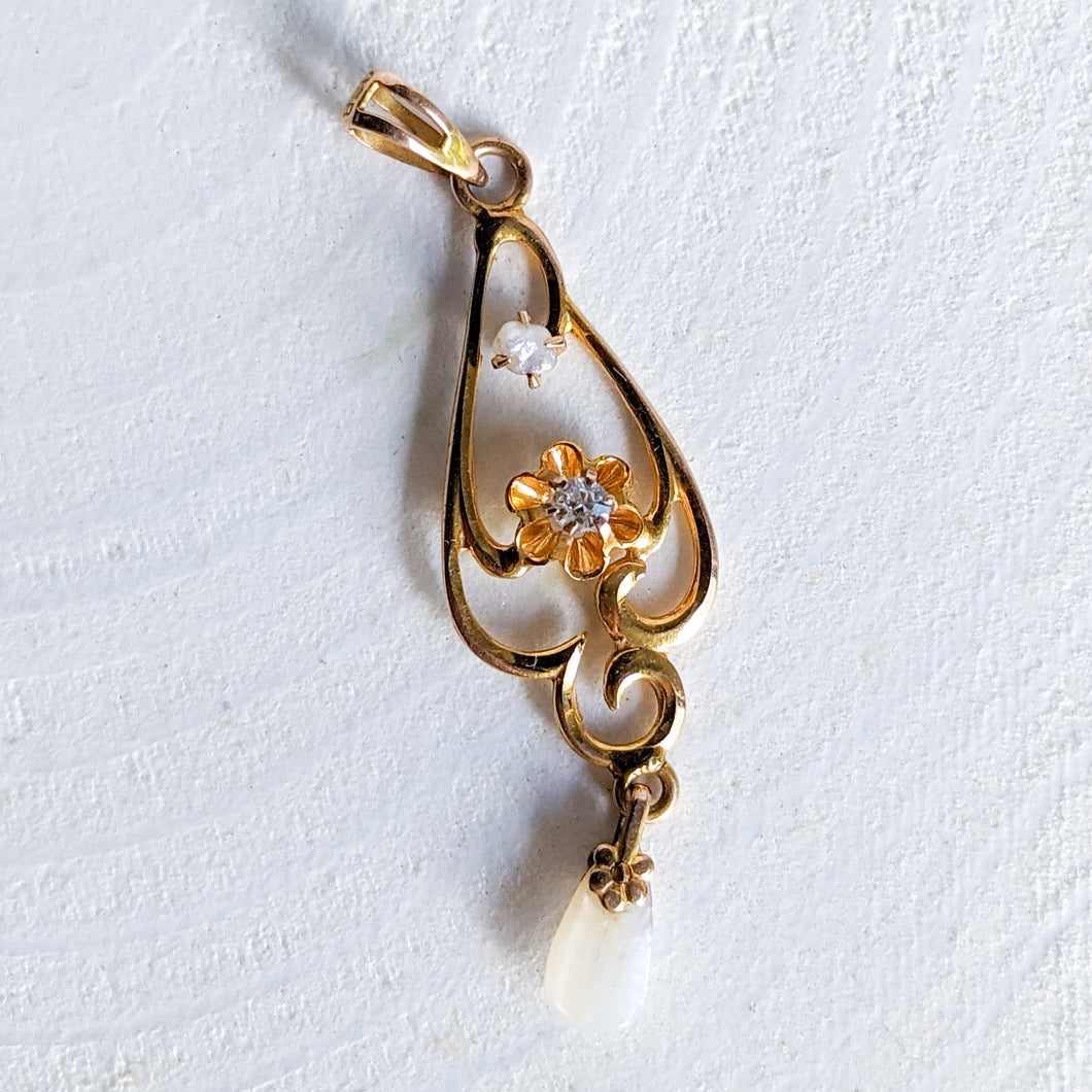 10K Yellow Gold Ostby & Barton Diamond and Pearl Drop Pendant