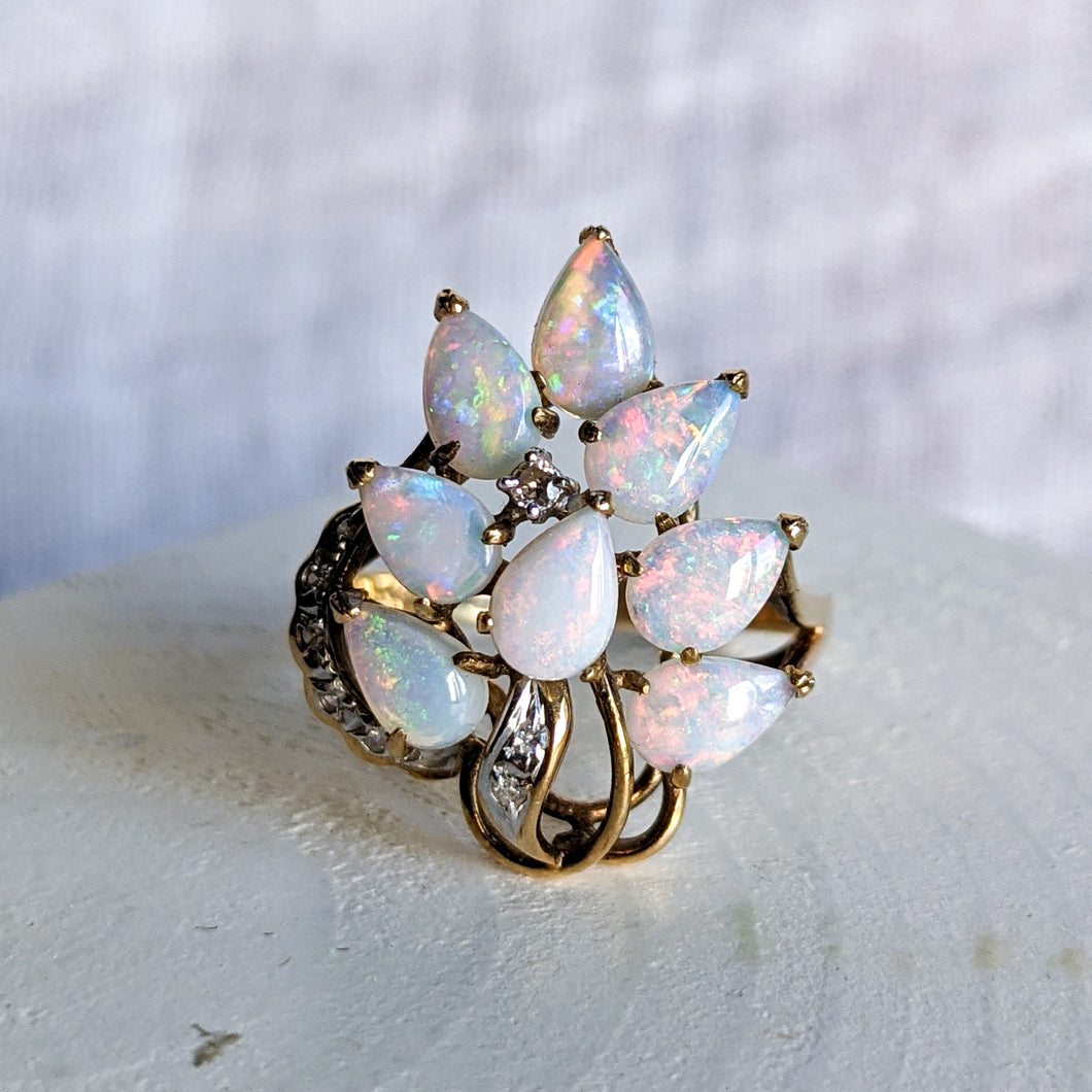 14K Yellow Gold Opal and Diamond Cluster Ring Size US 7.25 / UK O