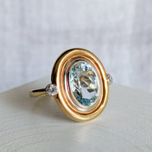 Load image into Gallery viewer, 14K Two-Tone Gold 5.5 ct Aquamarine + Old Brilliant Cut Diamond Ring
