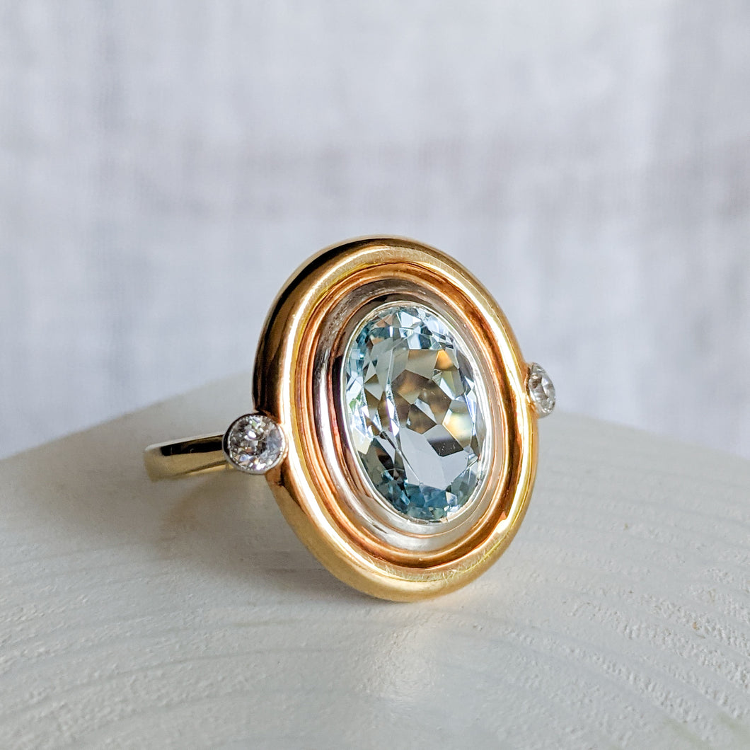 14K Two-Tone Gold 5.5 ct Aquamarine + Old Brilliant Cut Diamond Ring