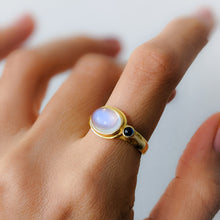 Load image into Gallery viewer, 18K Yellow Gold Moonstone and Sapphire Ring Size US 8.25 / UK Q
