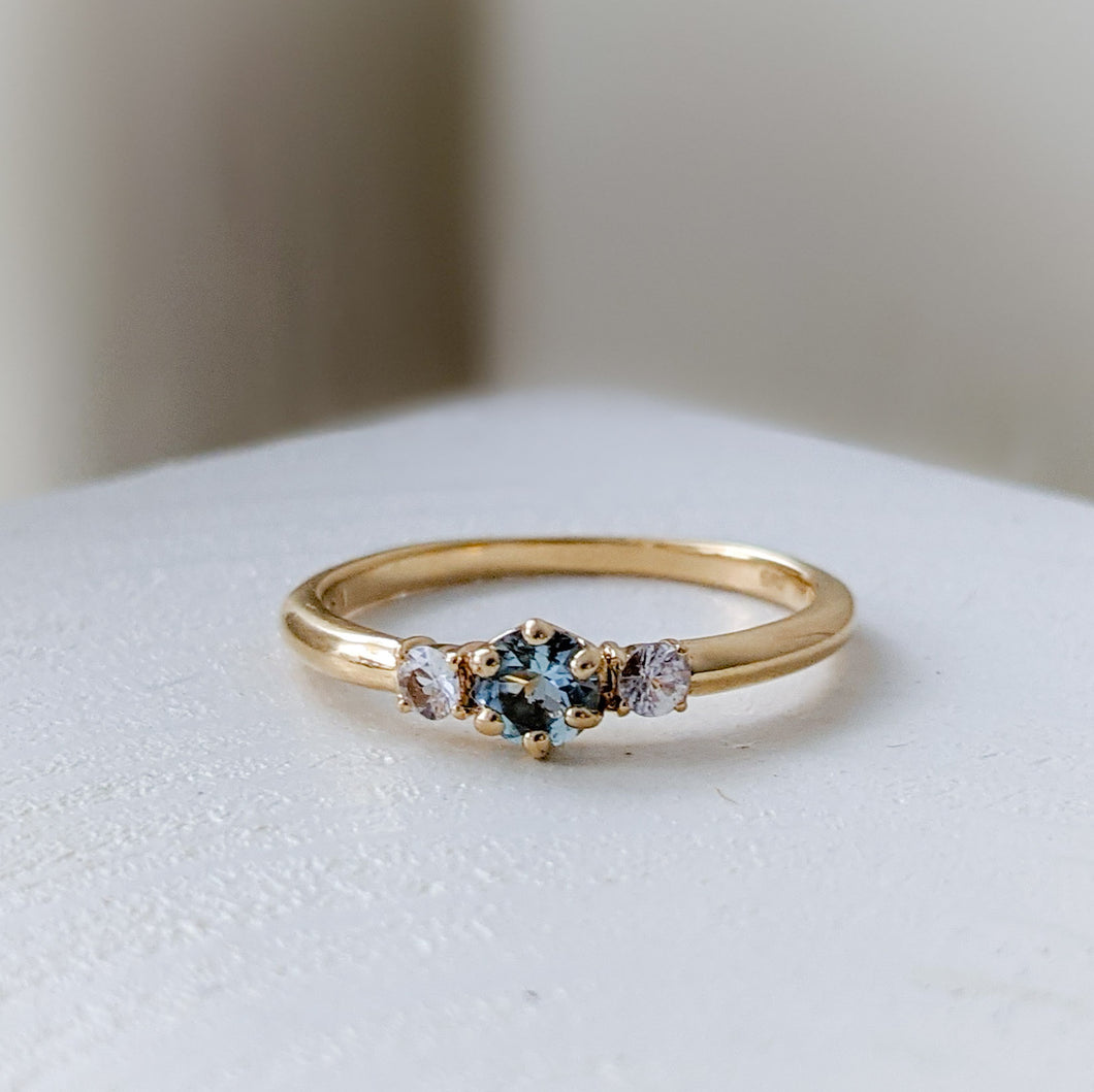 18K Yellow Gold Aquamarine and Sapphire Trilogy Ring Size US 6.5 / UK M.5