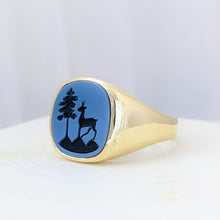 Load image into Gallery viewer, 14K Yellow Gold Carved Deer and Fir Tree Blue Agate Signet Ring Size US 10.25 / UK U
