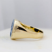 Load image into Gallery viewer, 14K Yellow Gold Carved Deer and Fir Tree Blue Agate Signet Ring Size US 10.25 / UK U
