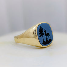 Load image into Gallery viewer, 14K Yellow Gold Carved Deer and Fir Tree Blue Agate Signet Ring Size US 10.25 / UK U
