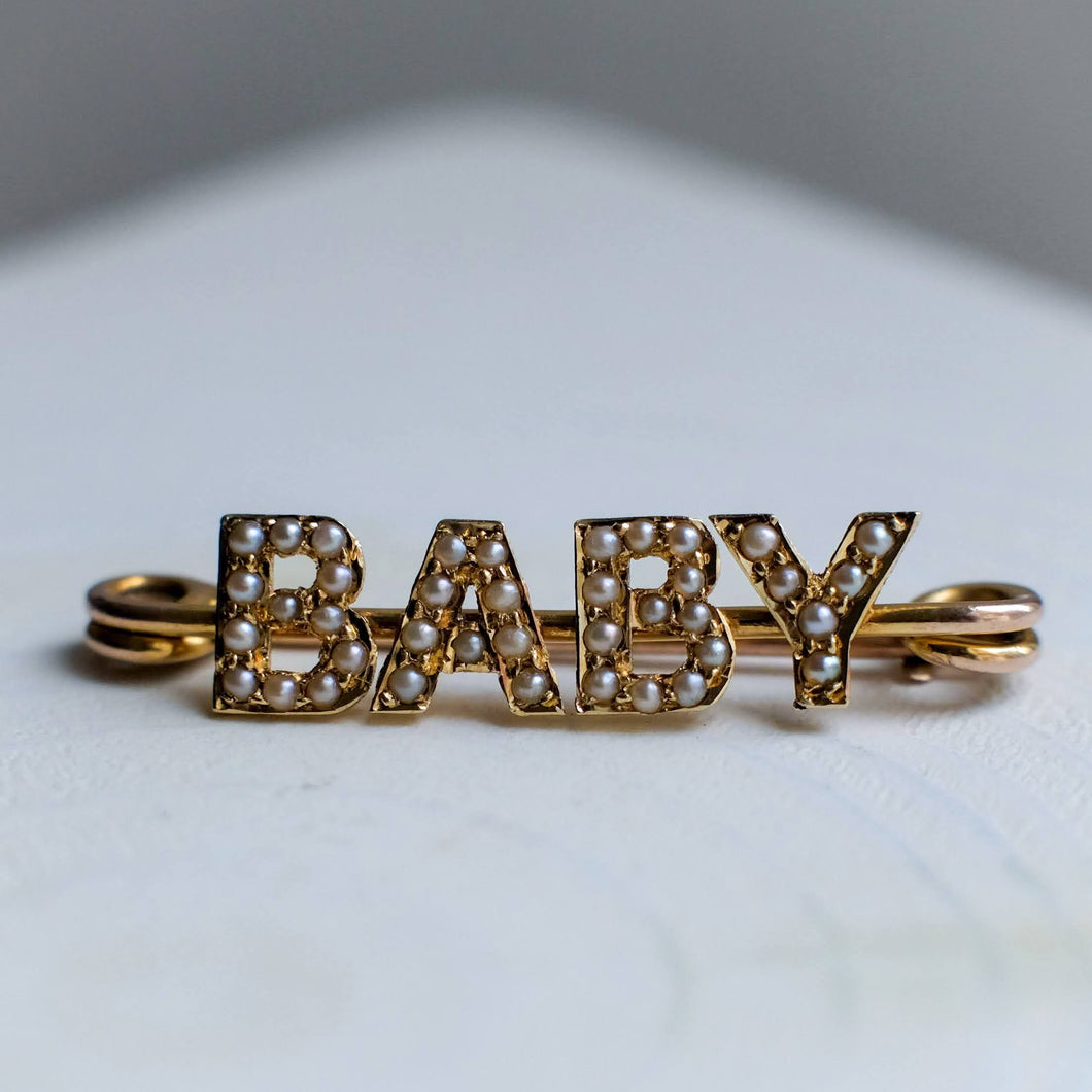 Victorian 14K Yellow Gold Seed Pearl Baby Brooch