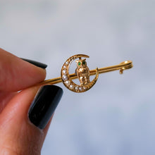 Load image into Gallery viewer, Victorian 14K Yellow Gold Owl with Demantoid Eyes and Seed Pearl Crescent Moon Brooch
