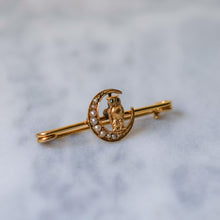 Load image into Gallery viewer, Victorian 14K Yellow Gold Owl with Demantoid Eyes and Seed Pearl Crescent Moon Brooch
