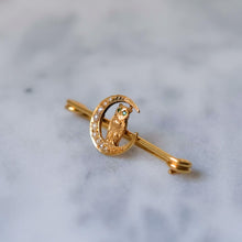 Load image into Gallery viewer, Victorian 14K Yellow Gold Owl with Demantoid Eyes and Seed Pearl Crescent Moon Brooch
