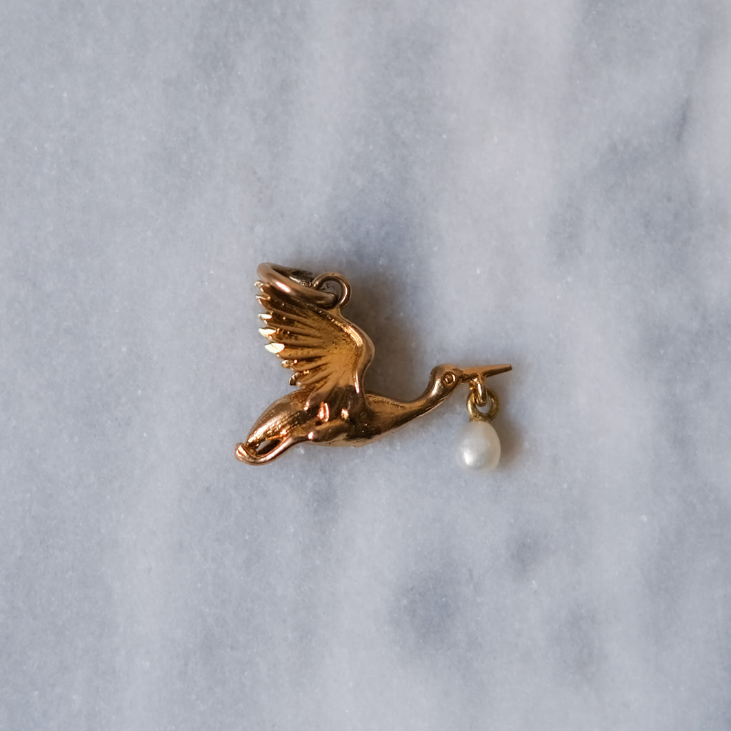 9K Yellow Gold Stork with Pearl Charm