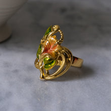 Load image into Gallery viewer, Art Nouveau 18K Yellow Gold Enamel Hibiscus Flower Ring
