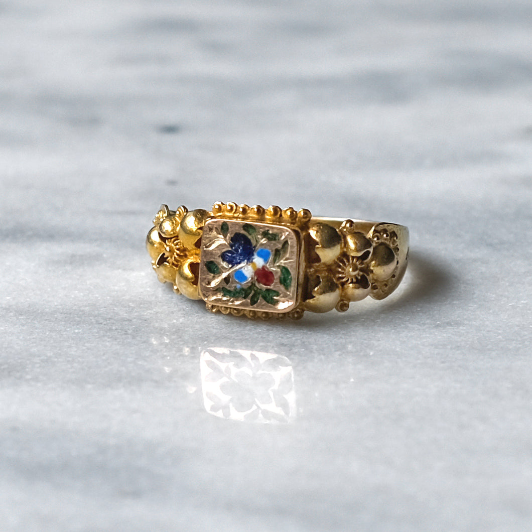 18K Yellow Gold Georgian Floral Enamel Poison Ring