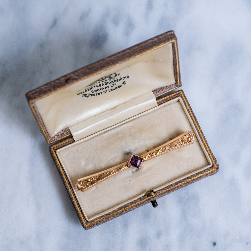 Edwardian 10K Rose Gold Purple Garnet Bar Brooch