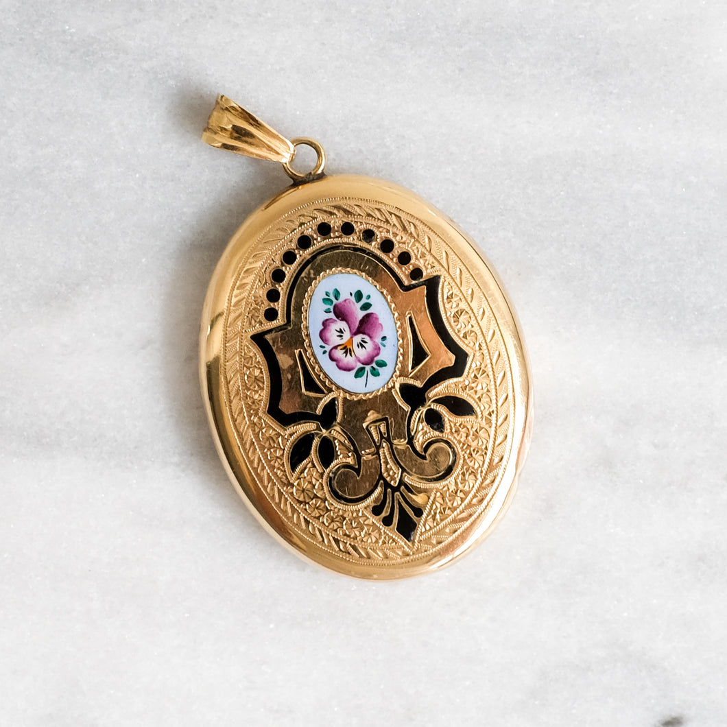 Antique 14K Yellow Gold Enamel Pansy Flower Engine-Turned Locket