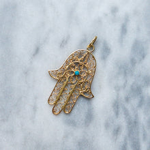 Load image into Gallery viewer, 18K Yellow Gold Turquoise Hamsa Pendant
