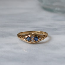 Load image into Gallery viewer, Antique 18K Yellow Gold Sapphire and Diamond Boat Shaped Ring
