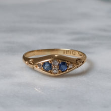 Load image into Gallery viewer, Antique 18K Yellow Gold Sapphire and Diamond Boat Shaped Ring
