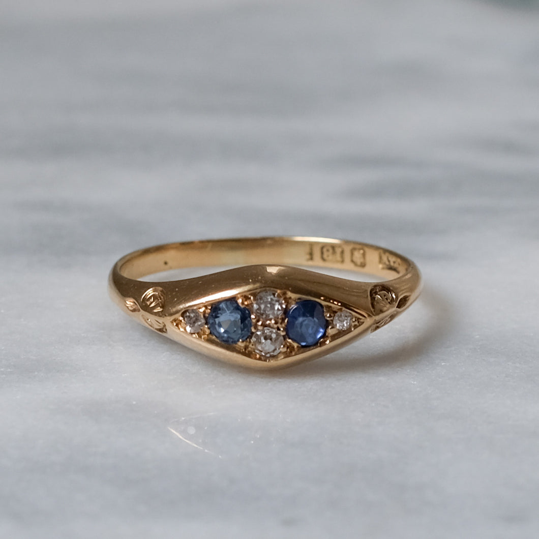 Antique 18K Yellow Gold Sapphire and Diamond Boat Shaped Ring