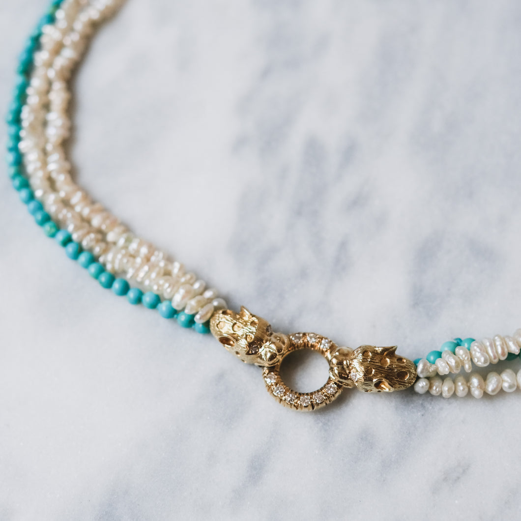 Vintage 14K Yellow Gold 3-Row Cultured Seed Pearls and Turquoise Strand Panther Collier Necklace