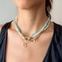 Load image into Gallery viewer, Vintage 14K Yellow Gold 3-Row Cultured Seed Pearls and Turquoise Strand Panther Collier Necklace
