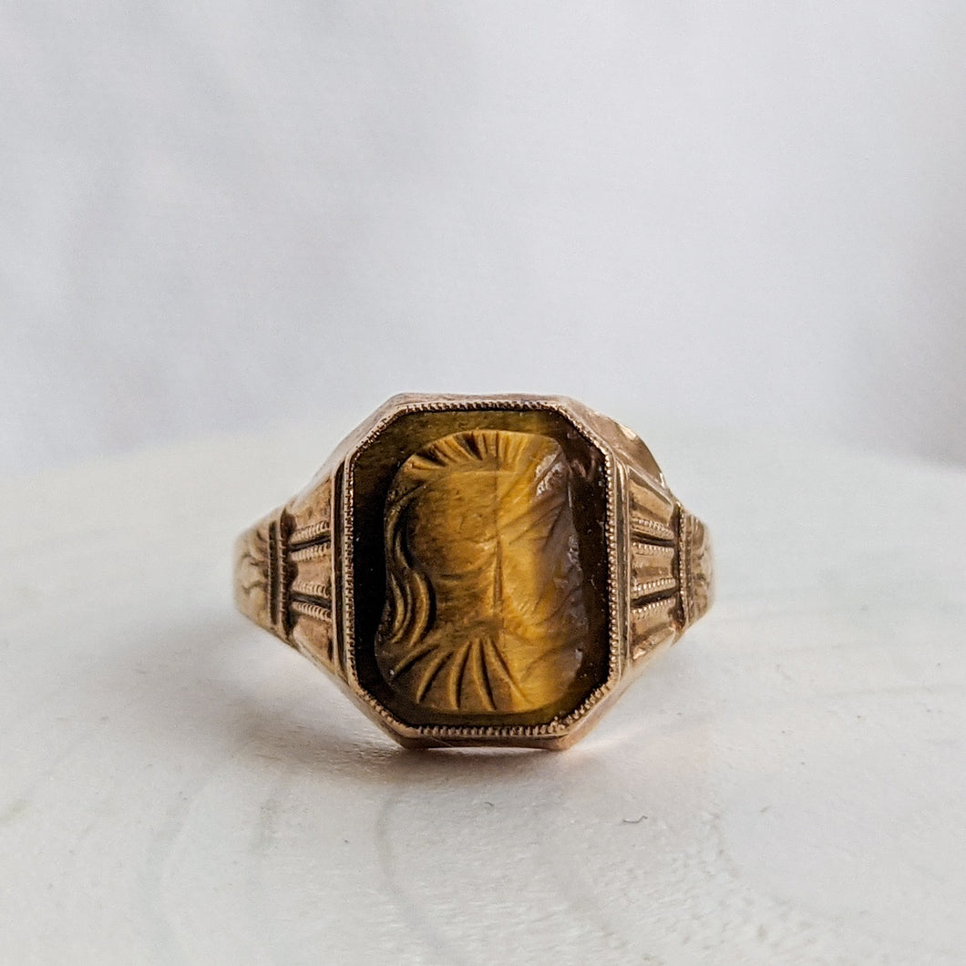 10K Rose Gold Vintage Tiger's Eye Cameo Roman Soldier Ring Size US 4 3/4 / US I+